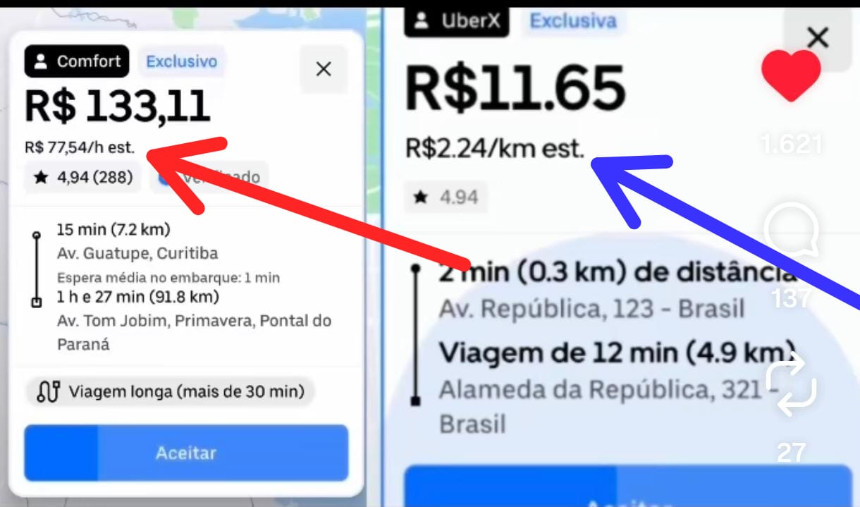 Cartão de chamadas da Uber com detalhes de ganhos