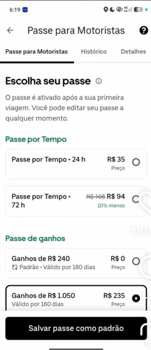 Tela do aplicativo Uber exibindo as opções de Passe para Motoristas